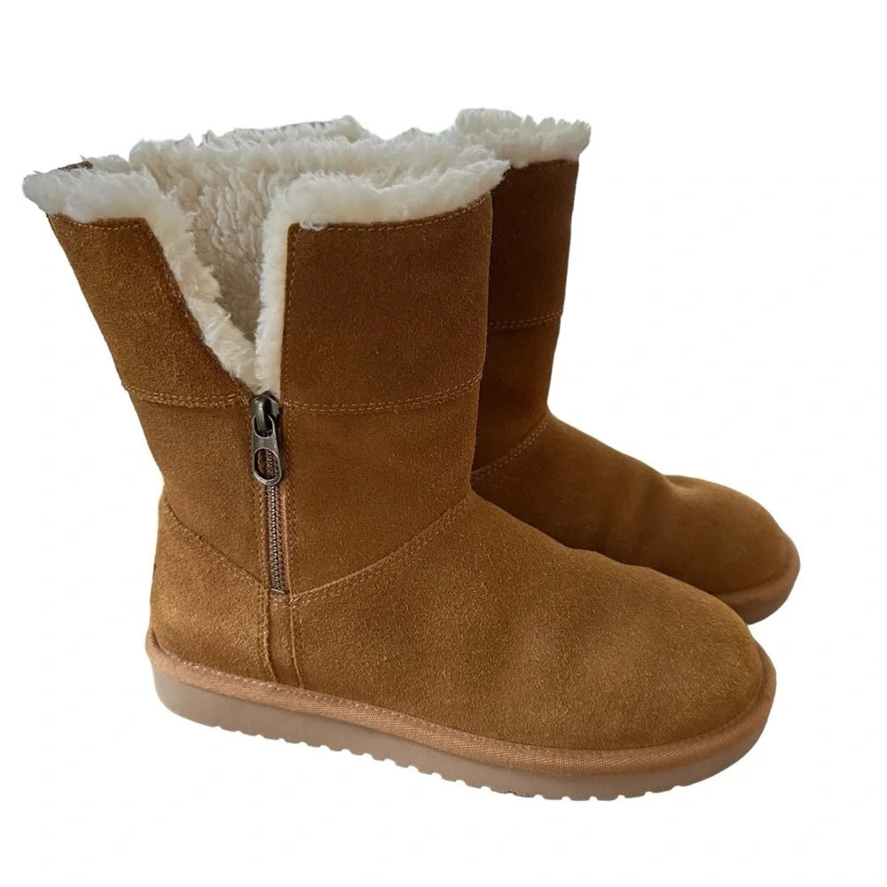 Koolaburra by UGG Size 7‎ Aribel Short Brown Suede Zip Up Boots Faux Fur Cozy